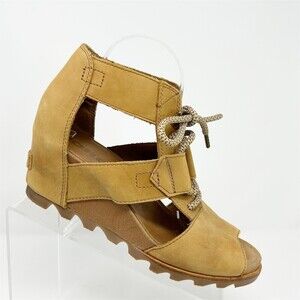 Sorel Joanie Wedge Sandals Womens Size 10.5 Tan Lace-Up Cutout Open Toe
